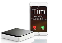 Voice Bridge device with smartphone showing incoming landline call