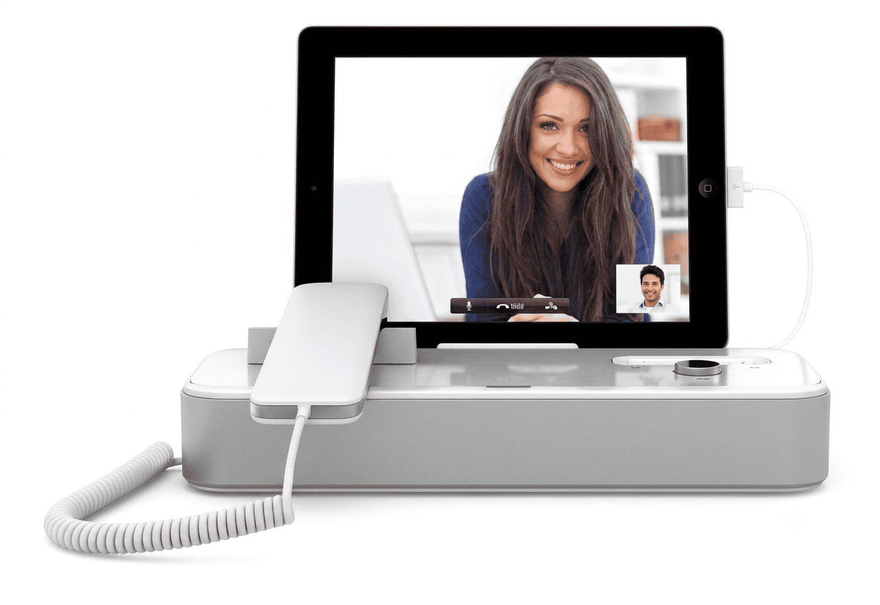 AudiOffice desk phone with tablet showing a video call